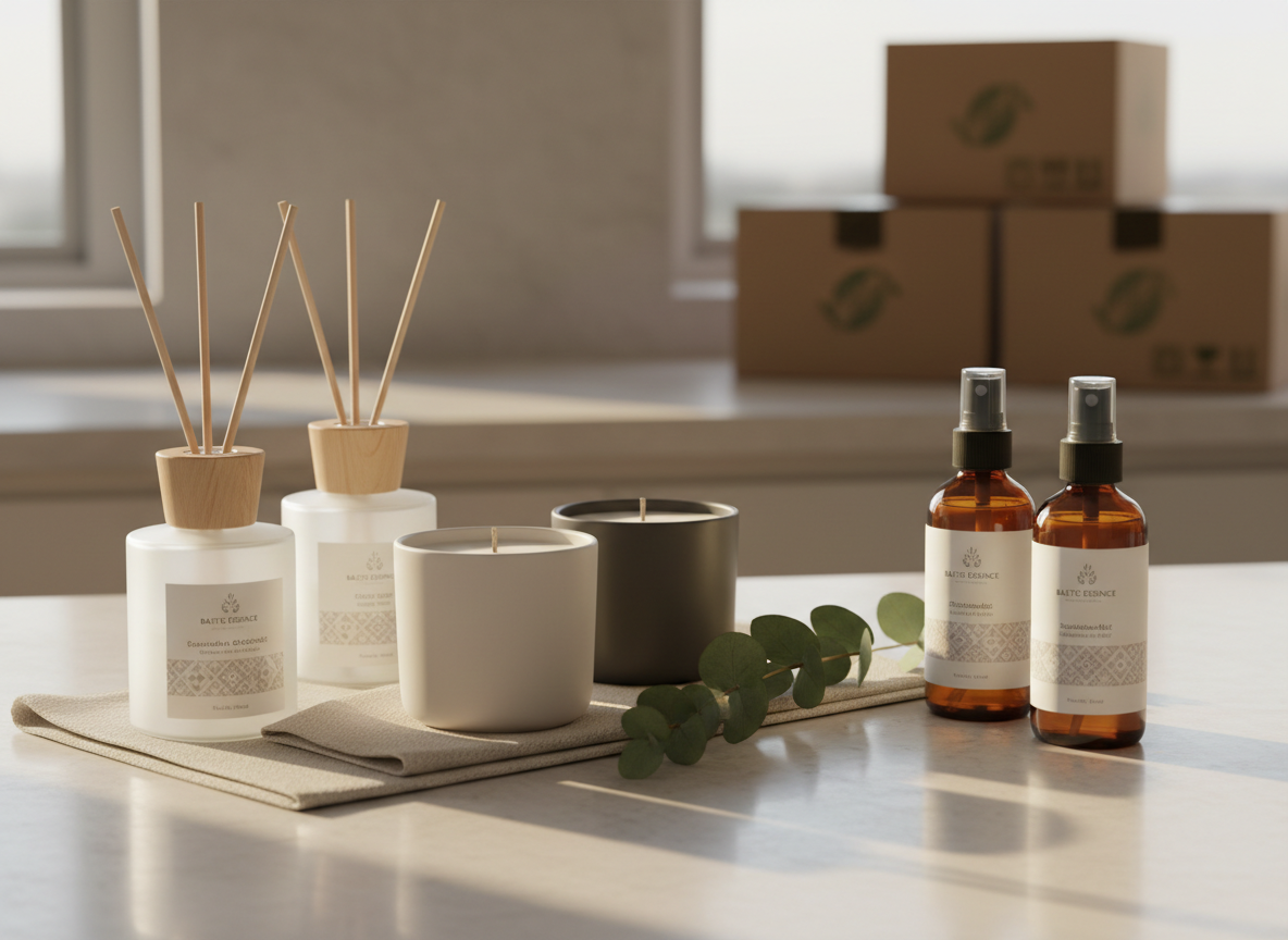 A sophisticated, photographic realism composition of Baltic home fragrance products selected for sustainable distribution: frosted glass diffuser bottles with pale wooden caps, soy wax candles in matte ceramic containers, and amber glass room sprays with minimalist Nordic-inspired labels. The products are arranged on a pale stone countertop beside a softly textured linen cloth and a sprig of fresh greenery. In the background, blurred shipping cartons with discreet eco-symbols suggest the distribution context. Gentle golden-hour window light streams in from the right, creating soft reflections on glass and ceramic surfaces and subtle elongated shadows. The mood is serene, refined, and environmentally conscious. Framed using the rule of thirds at a slightly low angle with shallow depth of field, emphasizing product elegance while hinting at the larger, sustainable supply chain behind them.
