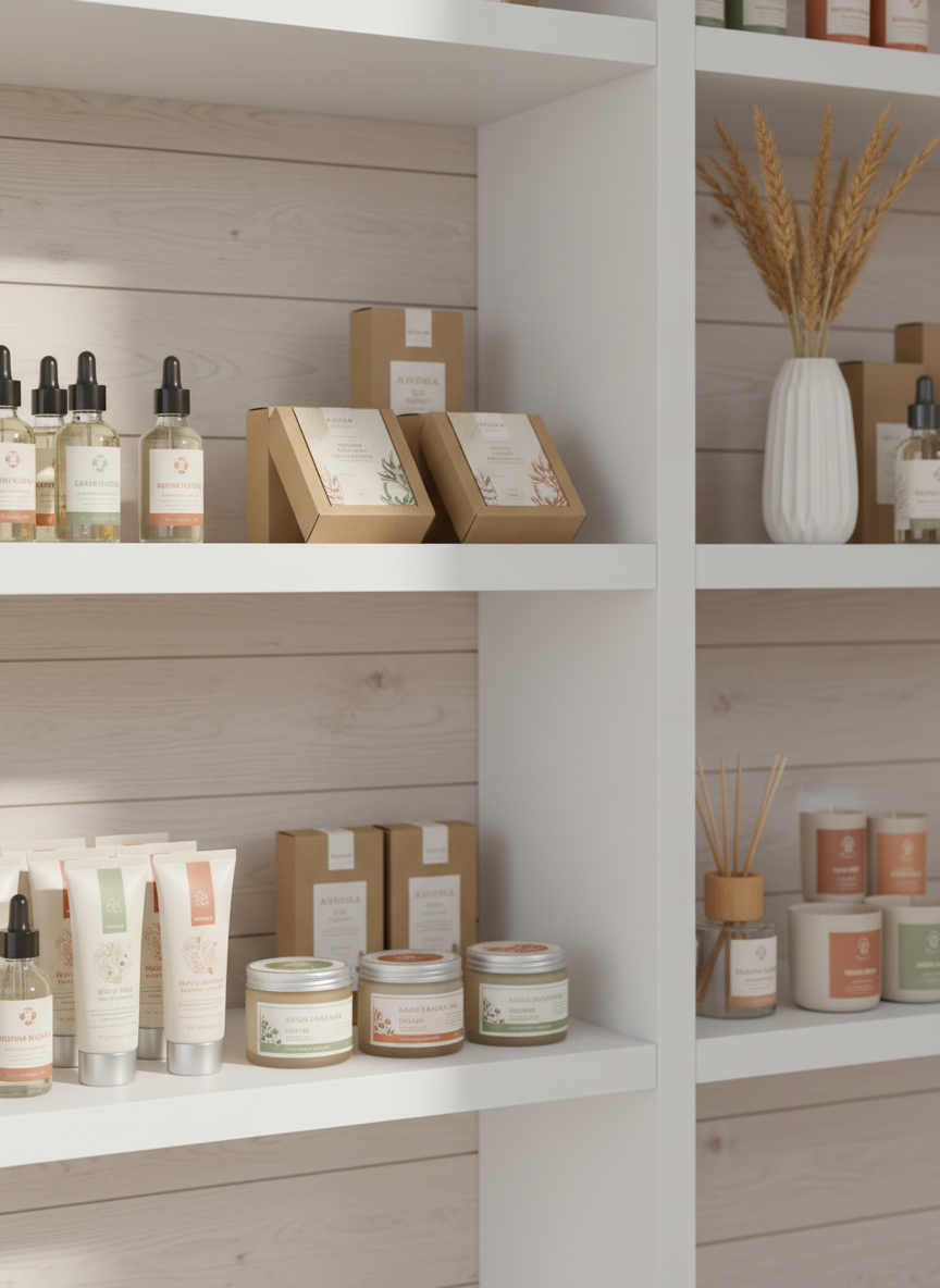 A curated arrangement of Baltic-made ecological skincare, haircare, and home fragrance products displayed on a clean, matte white shelf system, each in minimalist recyclable packaging with soft earth-tone labels and subtle botanical illustrations. The products are grouped by category, with glass serum bottles, aluminum tubes, kraft-paper boxes, and frosted jars forming a harmonious, sustainable palette. In the background, pale wooden panels and a single ceramic vase with dried grasses hint at Scandinavian-inspired design. Soft, diffused daylight from the left creates gentle highlights on glass and metal surfaces, casting delicate, orderly shadows. Photographic realism with a professional, clean, and modern aesthetic, shot at eye level with sharp focus throughout, conveying reliability, environmental care, and a polished distribution brand presence.