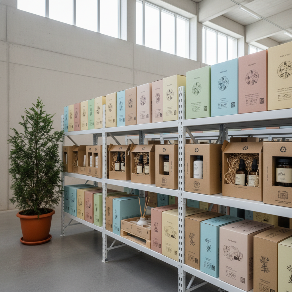 An eco-conscious warehouse shelf section dedicated to Baltic-made skincare and home fragrance products, with neatly aligned cartons and outer boxes in natural kraft and soft pastel tones, all clearly labeled with recyclable and eco-certification icons. A few open cartons reveal elegantly designed glass bottles and jars nestled in shredded paper or molded paper pulp instead of plastic. The shelving is powder-coated white metal, set against a light grey concrete wall, with a potted evergreen shrub on the floor adding a touch of nature. Overhead skylights and high windows fill the space with bright, diffused natural light, creating a professional yet warm atmosphere. Photographic realism, captured from a slightly elevated angle with wide depth of field, emphasizing order, sustainability, and efficient, responsible distribution.