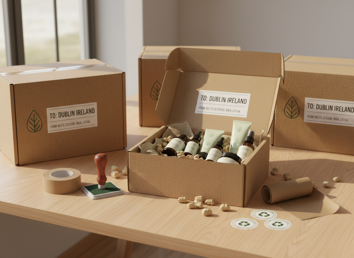 A close-up, photographic realism shot of a Baltic-made ecological skincare product line prepared for shipment to the Irish market: several branded cardboard shipping boxes made from unbleached recycled material, each stamped with a green leaf sustainability emblem and clear, professional shipping labels. One box is open, revealing carefully arranged products cushioned with biodegradable packing peanuts and paper wrap. The scene is set on a smooth, light wood packing table with a roll of paper tape, an ink stamp, and a stack of eco-label stickers nearby. Soft afternoon natural light from a nearby window casts gentle shadows and warm highlights, creating a calm and trustworthy mood. Shot from a slightly elevated three-quarter angle, with moderate depth of field keeping the open box in sharp focus while the background softly blurs.